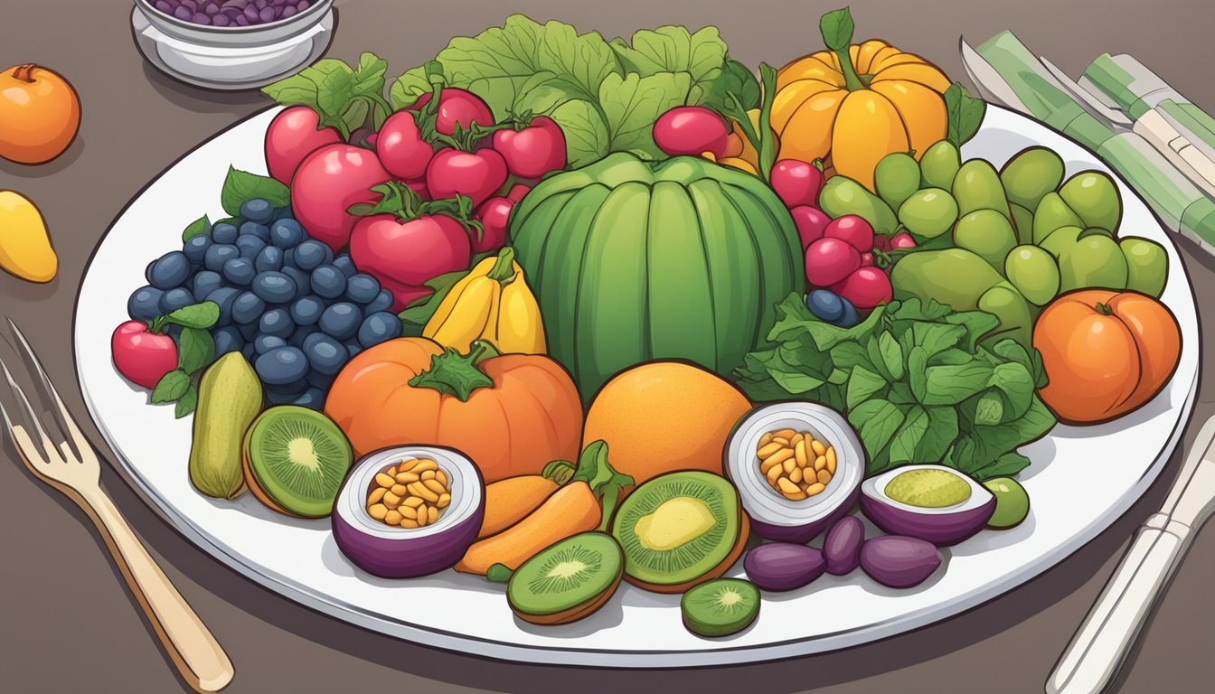 A colorful plate of calypso beans surrounded by various fruits and vegetables, with a diabetes-friendly label