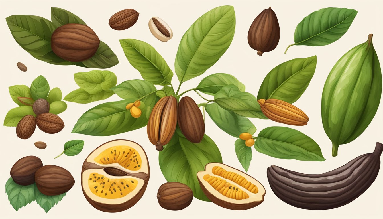 A cacao plant with pods, leaves, and flowers, surrounded by a variety of fruits and vegetables