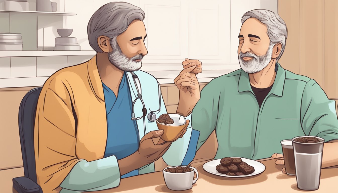 A diabetic person peacefully enjoying a carob snack with a medical professional nearby, indicating safety and lack of side effects