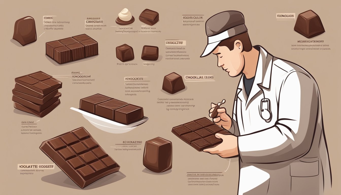 A diabetic carefully examines different types of chocolate, comparing labels and ingredients for cacao content