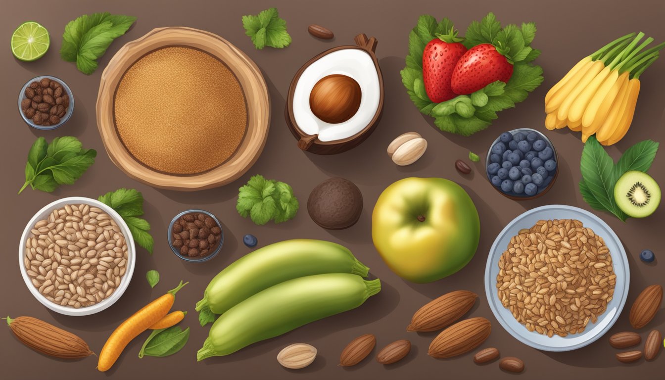 A diabetic-friendly table with cacao, fruits, vegetables, and whole grains