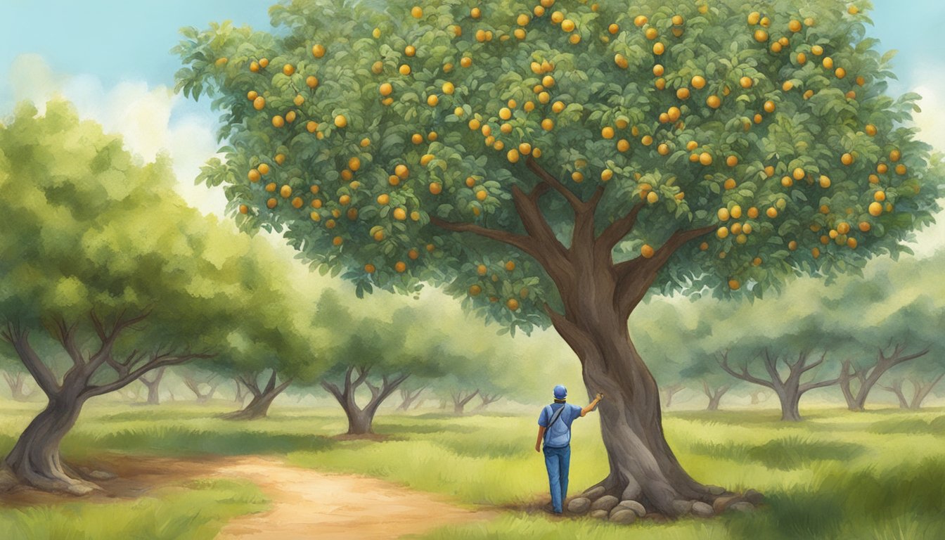 A diabetic person enjoying a carob tree in a lush, sustainable orchard