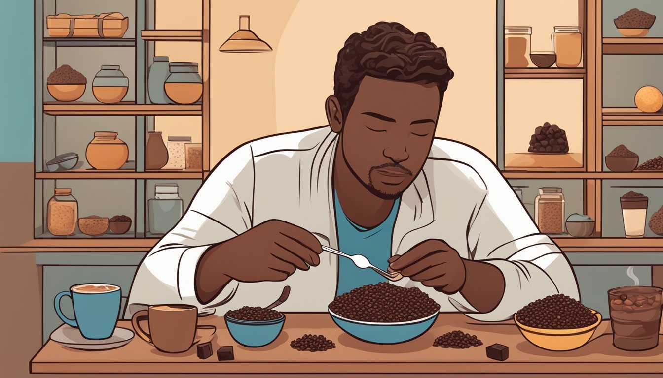 A person with diabetes enjoying a variety of cacao-based foods, such as dark chocolate, cacao nibs, and cacao powder, while considering their dietary choices