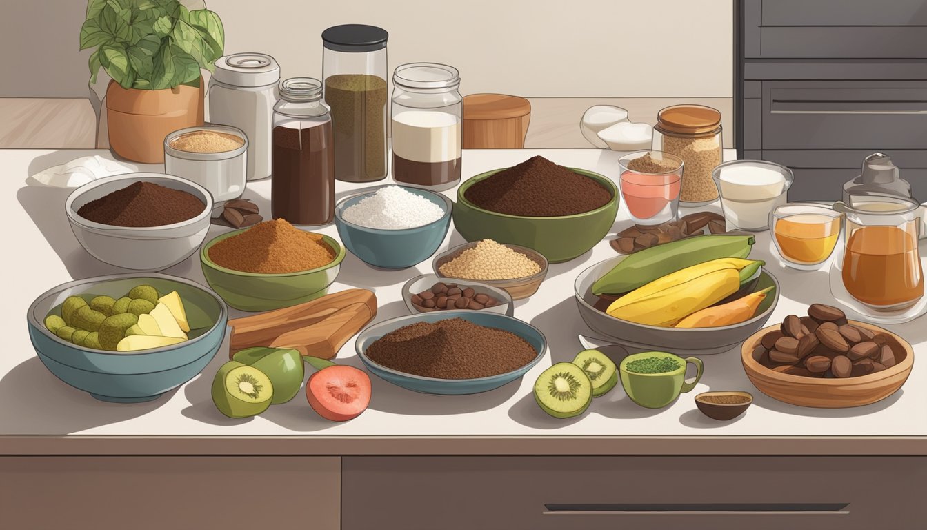 A kitchen counter with a variety of cacao-based ingredients and diabetic-friendly foods arranged neatly for preparation