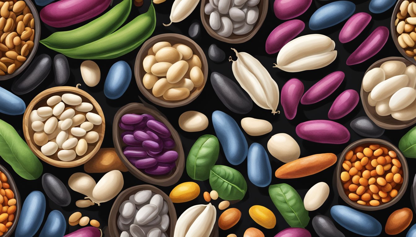 A colorful array of beans - cannellini, kidney, black, and more - arranged in a vibrant, textured still life