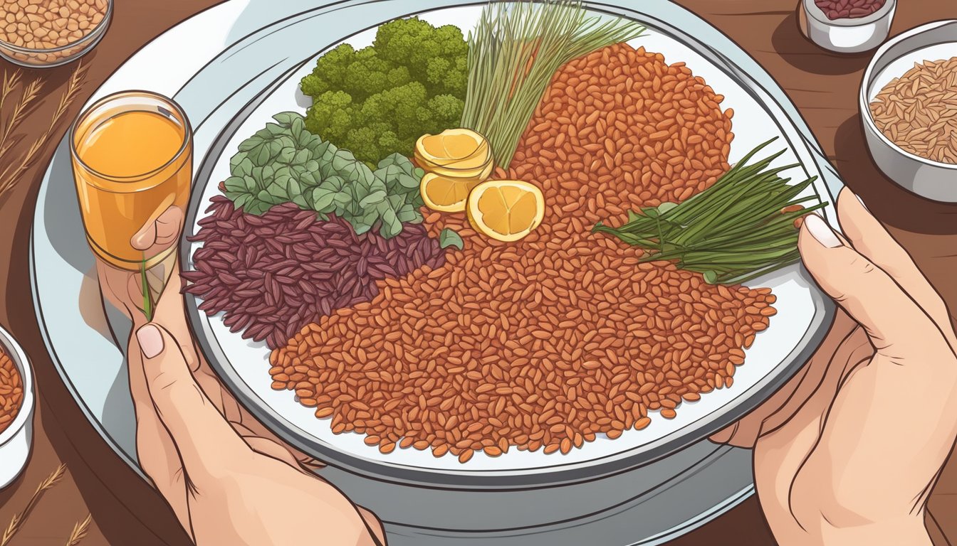 A dietician holding a plate of camargue red rice with various diabetic-friendly foods surrounding it