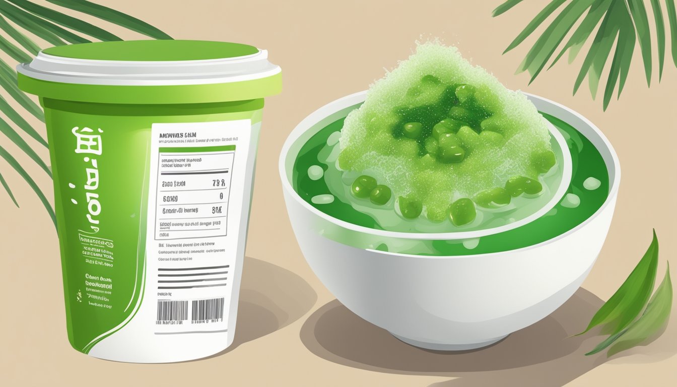 A bowl of cendol with green pandan jelly, coconut milk, and palm sugar syrup, alongside a nutritional information label