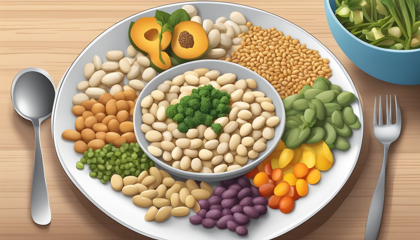 A plate of cannellini beans surrounded by various high-fiber foods, with a diabetes-friendly meal plan in the background