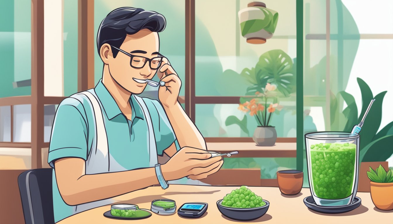 A diabetic person enjoying cendol, while a glucose meter shows a spike in blood sugar levels