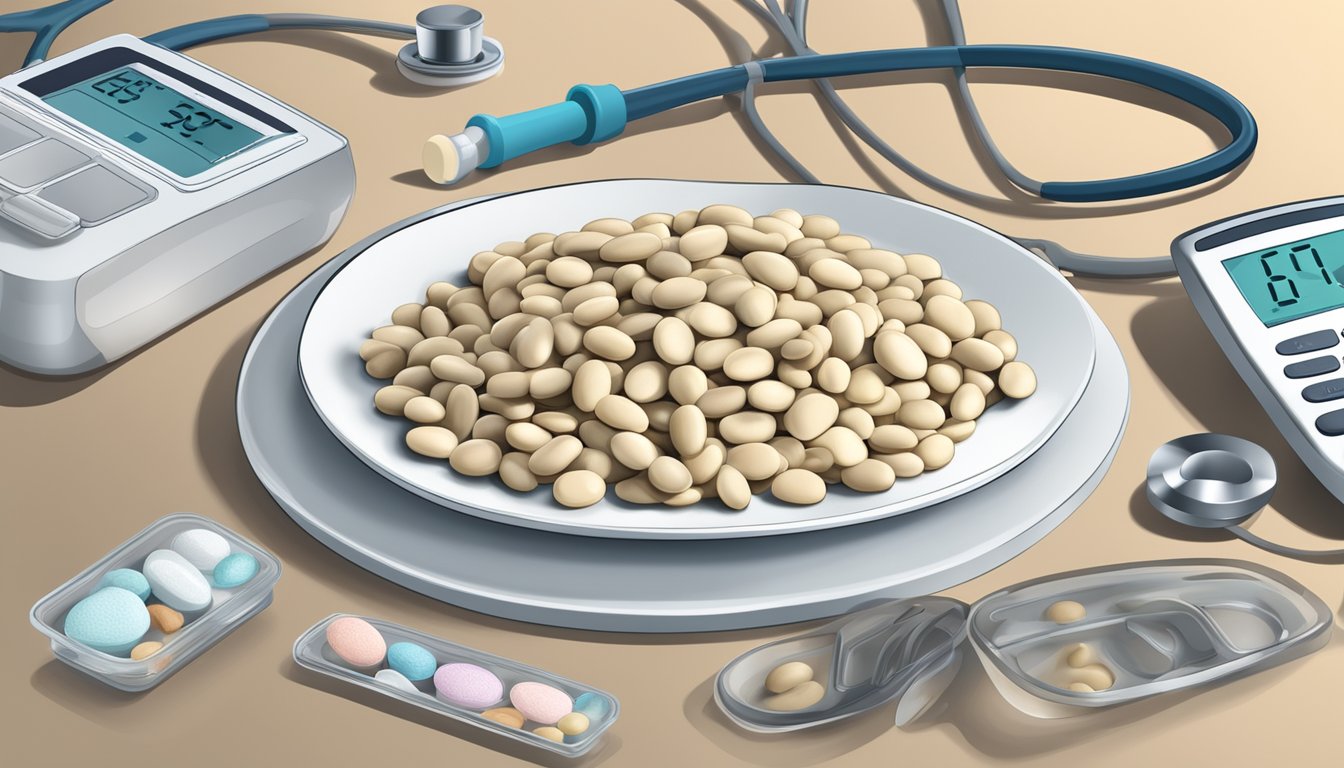 A plate of cannellini beans surrounded by medical equipment and a list of potential risks for diabetics