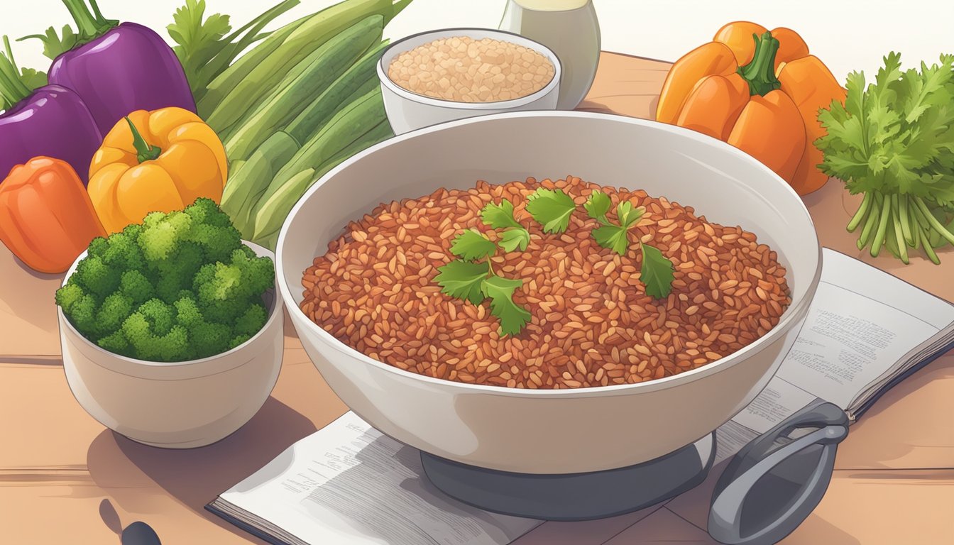 A bowl of cooked camargue red rice surrounded by colorful and fresh vegetables, with a diabetic-friendly recipe book open nearby