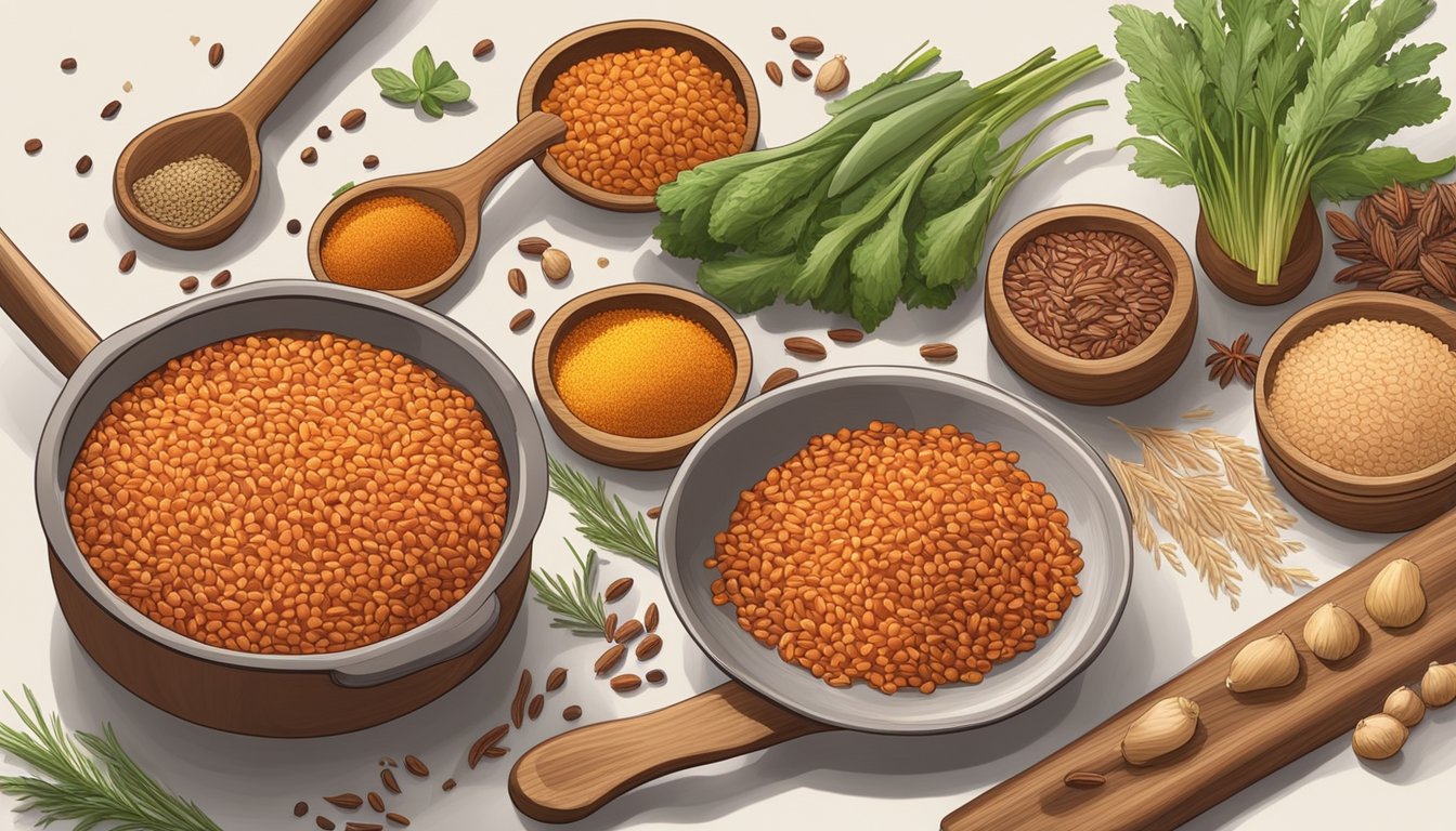 A kitchen counter with a pot of camargue red rice, a wooden spoon, and various ingredients like vegetables and spices scattered around