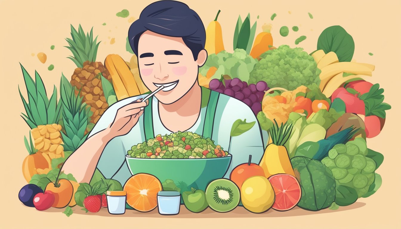 A person with diabetes enjoying a bowl of cendol while surrounded by various healthy food options such as fruits, vegetables, and whole grains