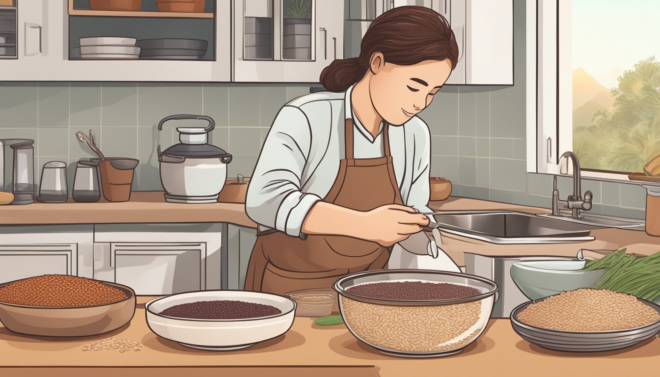 A diabetic person examines different types of rice, including Camargue red rice, on a kitchen counter