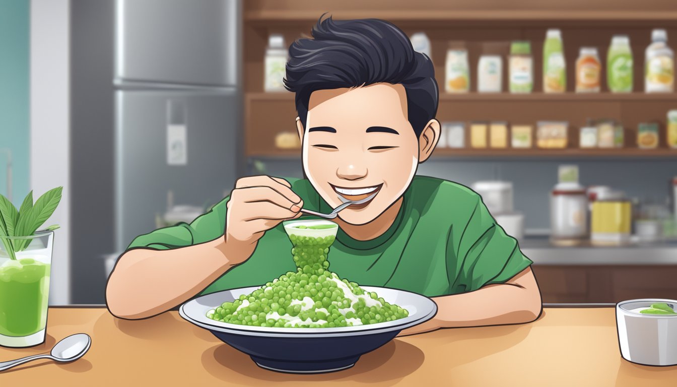 A diabetic person enjoying a bowl of cendol with a smile