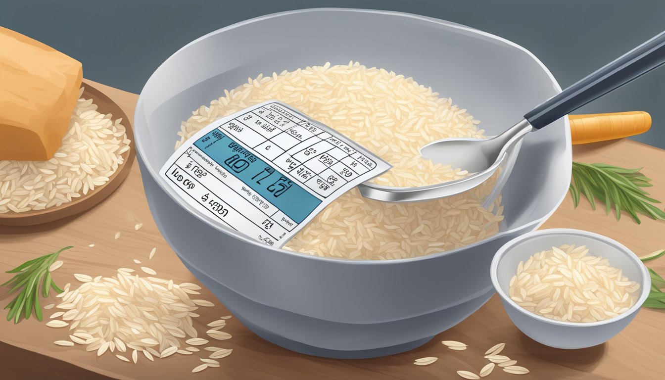 A diabetic measuring out a portion of carnaroli rice with a measuring cup and a nutrition label in the background