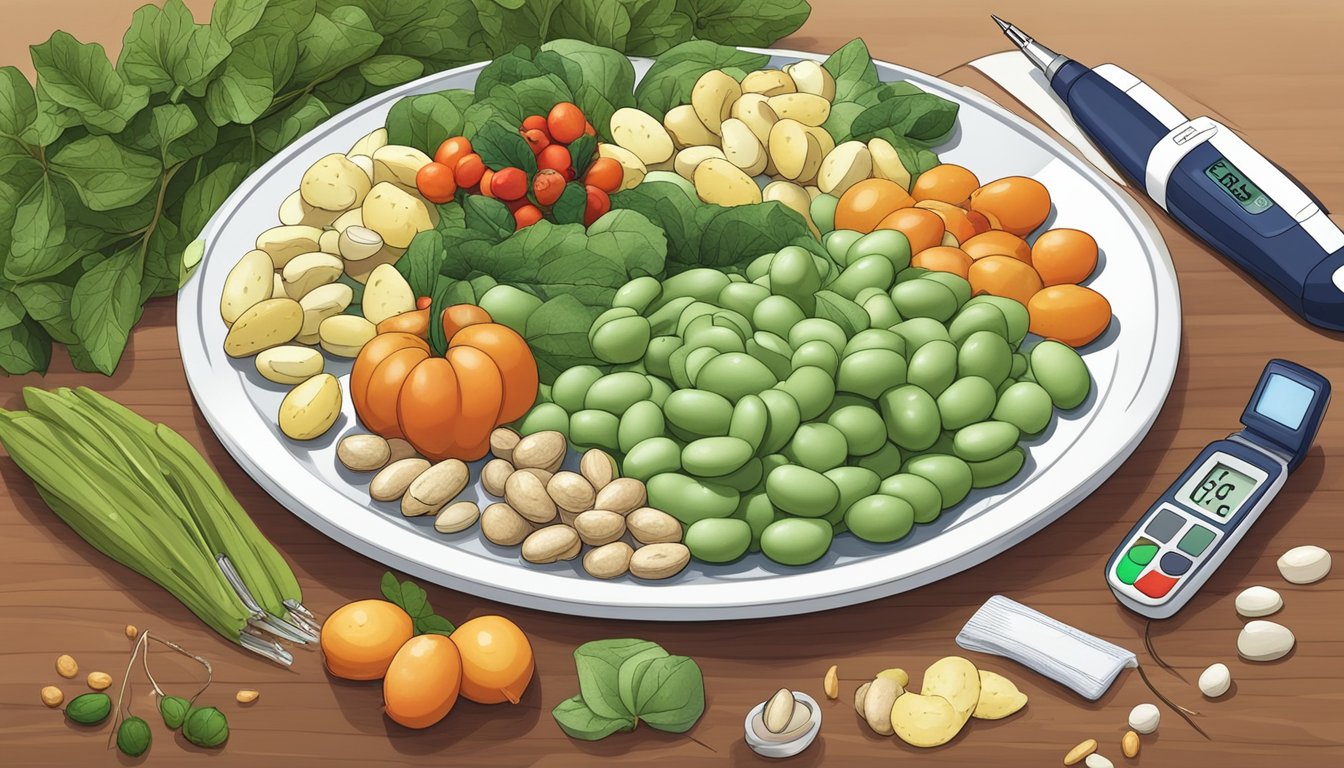 A plate of Christmas lima beans surrounded by a variety of healthy foods, with a glucometer and insulin pen nearby