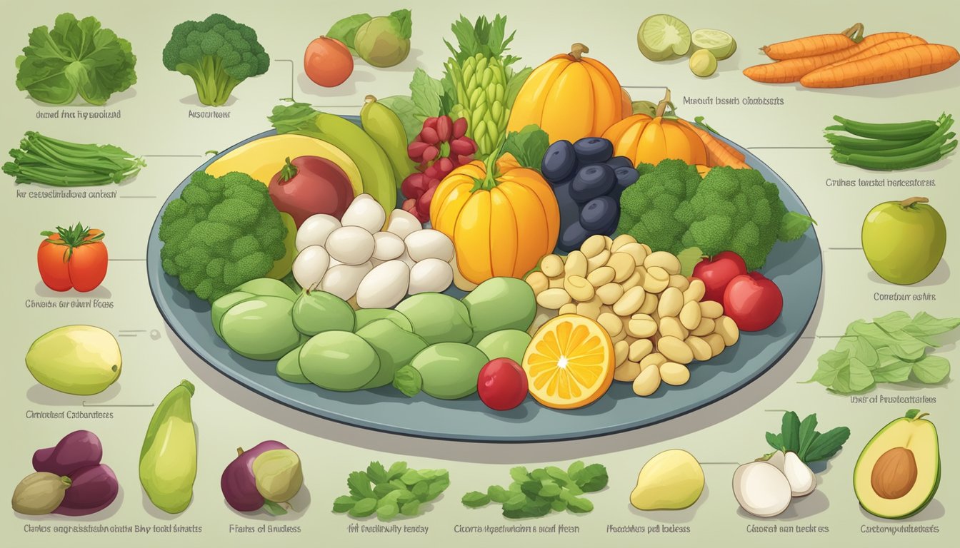 A plate of Christmas Lima beans surrounded by various fruits and vegetables, with a nutritional chart showing the breakdown of carbohydrates, fiber, and other nutrients