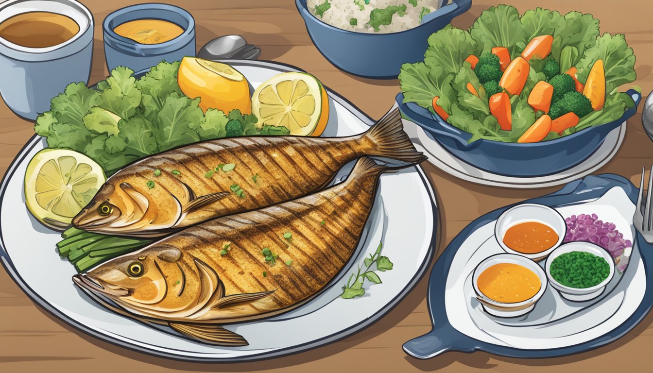 A plate of grilled catfish with a side of steamed vegetables, a colorful chart showing the nutritional profile of catfish, and a person with a diabetes awareness ribbon pin