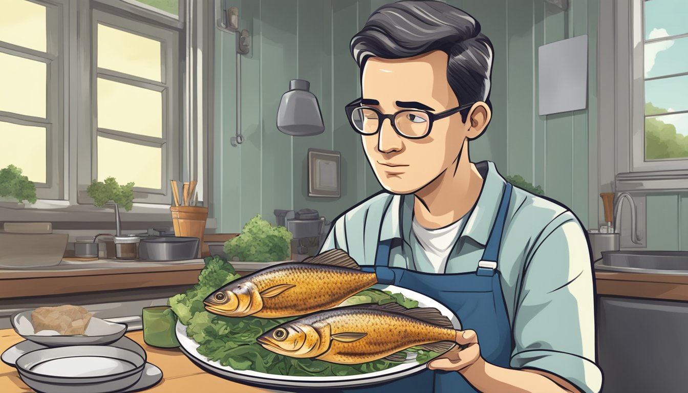 A diabetic person cautiously examining a plate of grilled catfish with a concerned expression