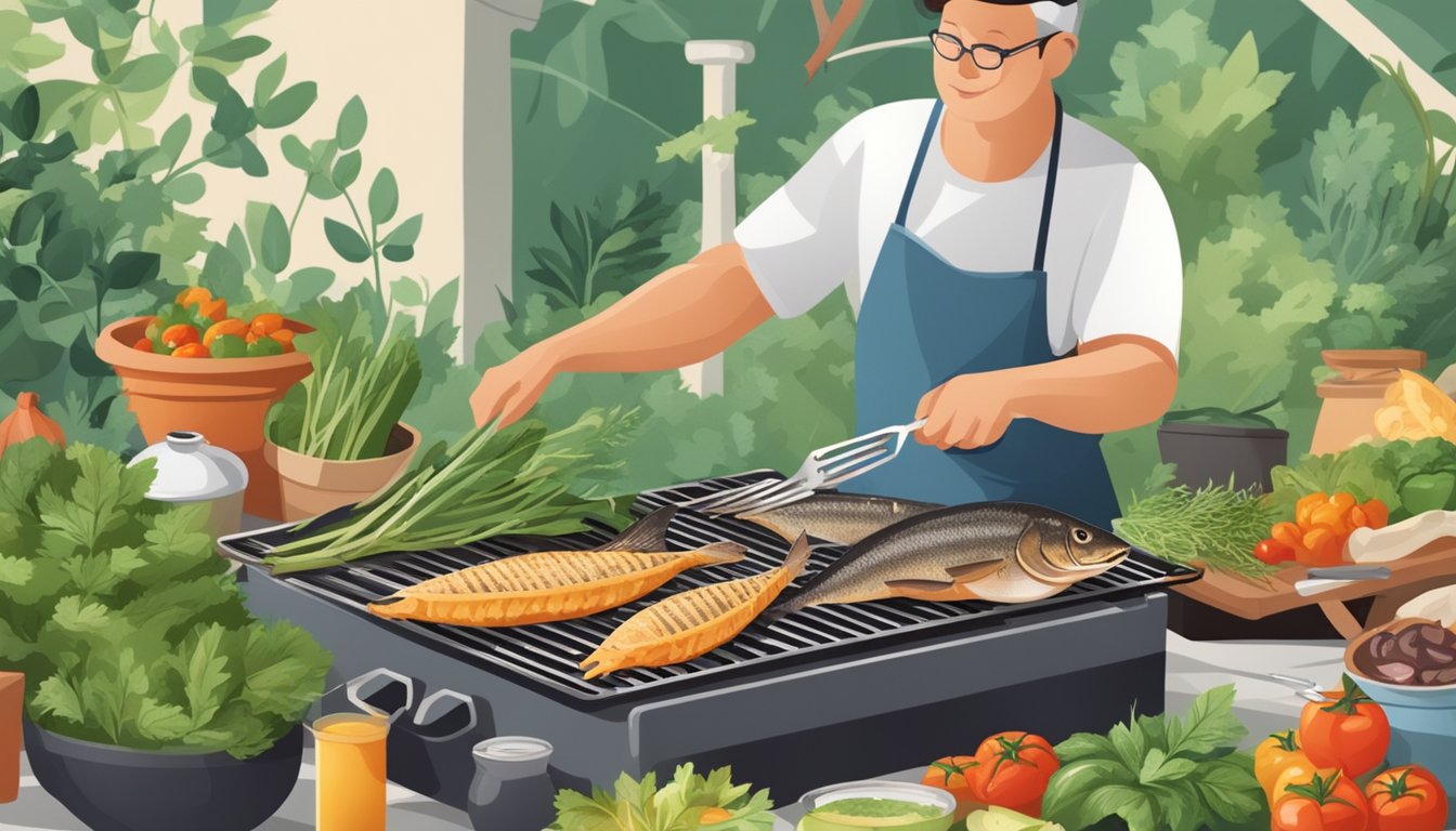 A person grilling catfish on a barbecue, surrounded by fresh vegetables and herbs