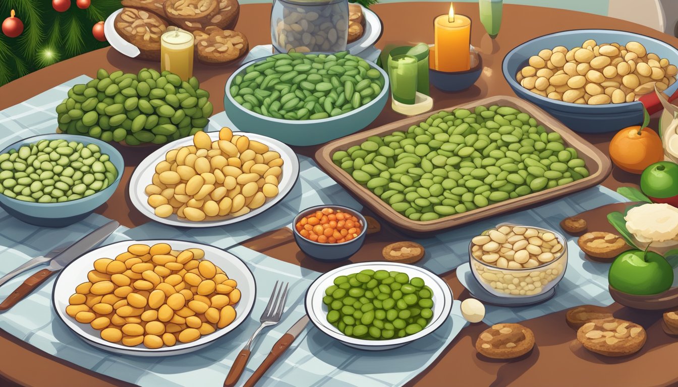 A festive table setting with a plate of Christmas lima beans surrounded by other diabetes-friendly holiday foods