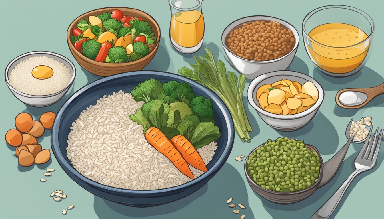 A bowl of cooked Carnaroli rice surrounded by various diabetic-friendly food items such as vegetables, lean protein, and healthy fats