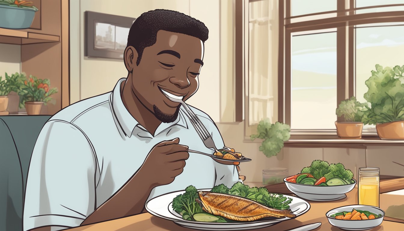 A diabetic person happily eating a plate of grilled catfish with a side of steamed vegetables