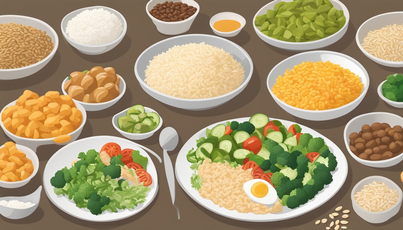 A plate of carnaroli rice surrounded by a variety of diabetic-friendly foods like vegetables, lean proteins, and healthy fats