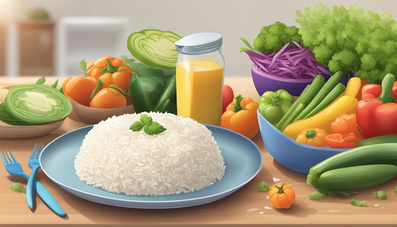 A plate of carnaroli rice surrounded by colorful vegetables and a measuring tape, with a diabetes-friendly food guide in the background