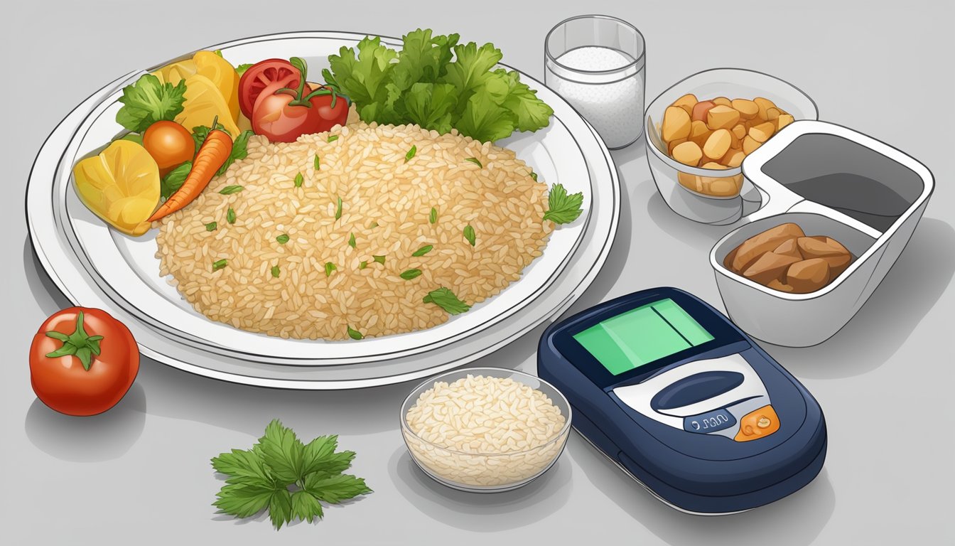 A diabetic-friendly meal with a plate of carnaroli rice, vegetables, and lean protein on a table with a blood glucose monitor and insulin pen nearby