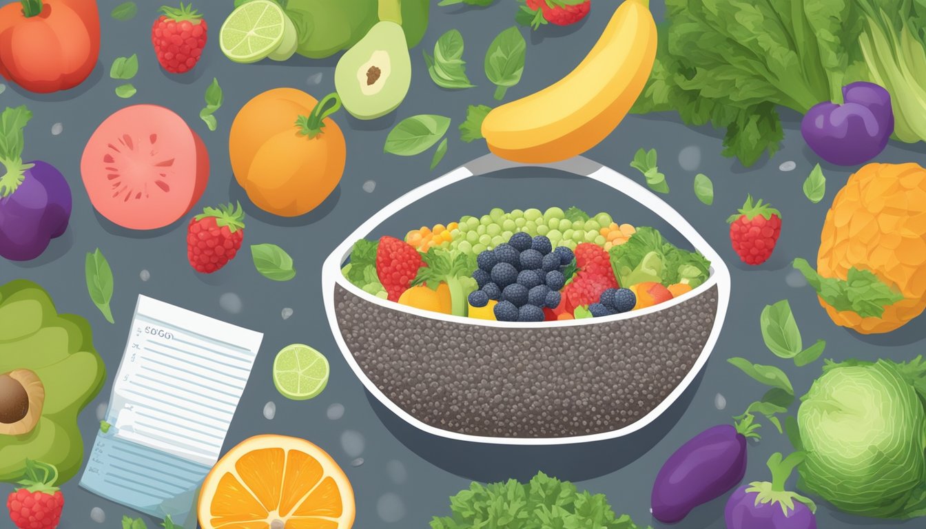 A bowl of chia seeds surrounded by colorful fruits and vegetables, with a nutrition label in the background