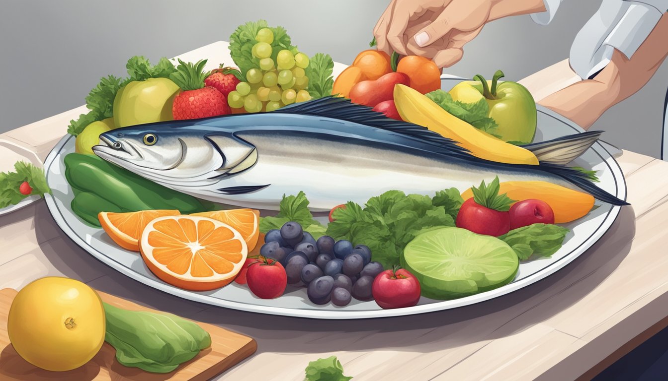 A dietician holding a plate of cobia fish with various colorful fruits and vegetables, emphasizing a balanced and healthy meal for diabetics