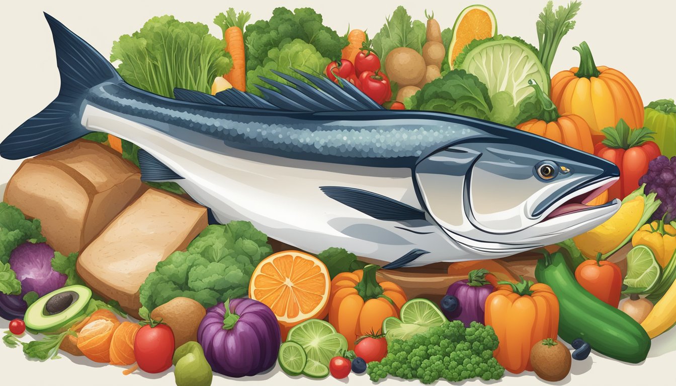 A cobia fish surrounded by various nutrient-rich foods like vegetables and fruits, with a diabetes-friendly symbol in the background