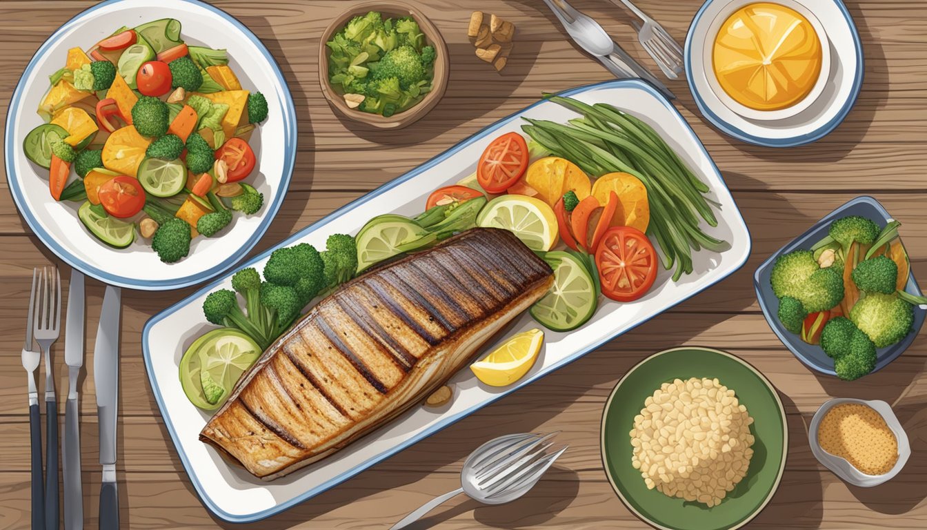 A colorful plate with grilled cobia, accompanied by a variety of diabetes-friendly vegetables and whole grains, set on a wooden table