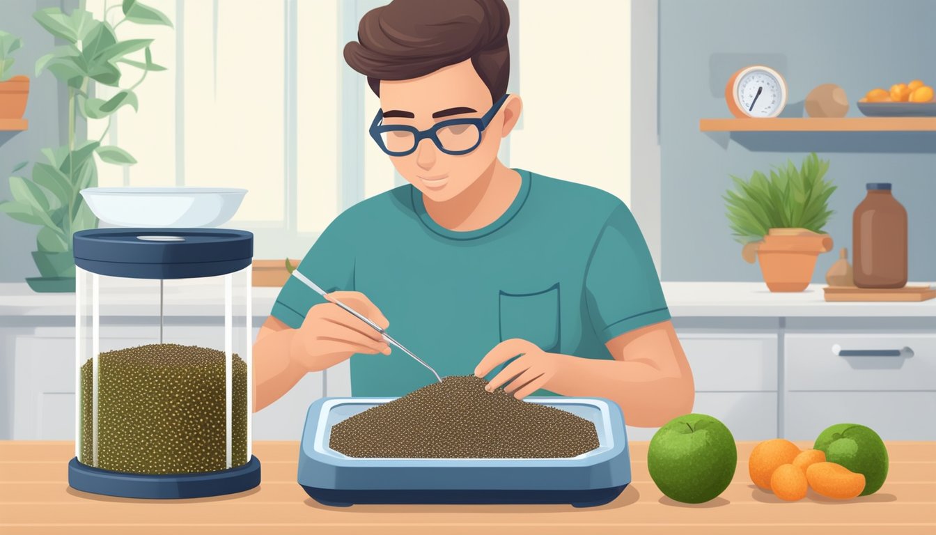 A diabetic carefully measuring chia seeds with a food scale and reading nutritional labels