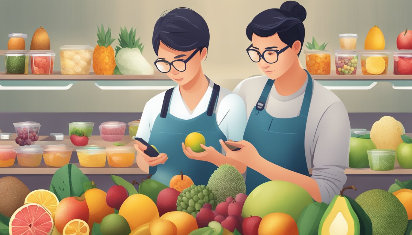 A diabetic person carefully examining a cempedak fruit next to a variety of healthy food options