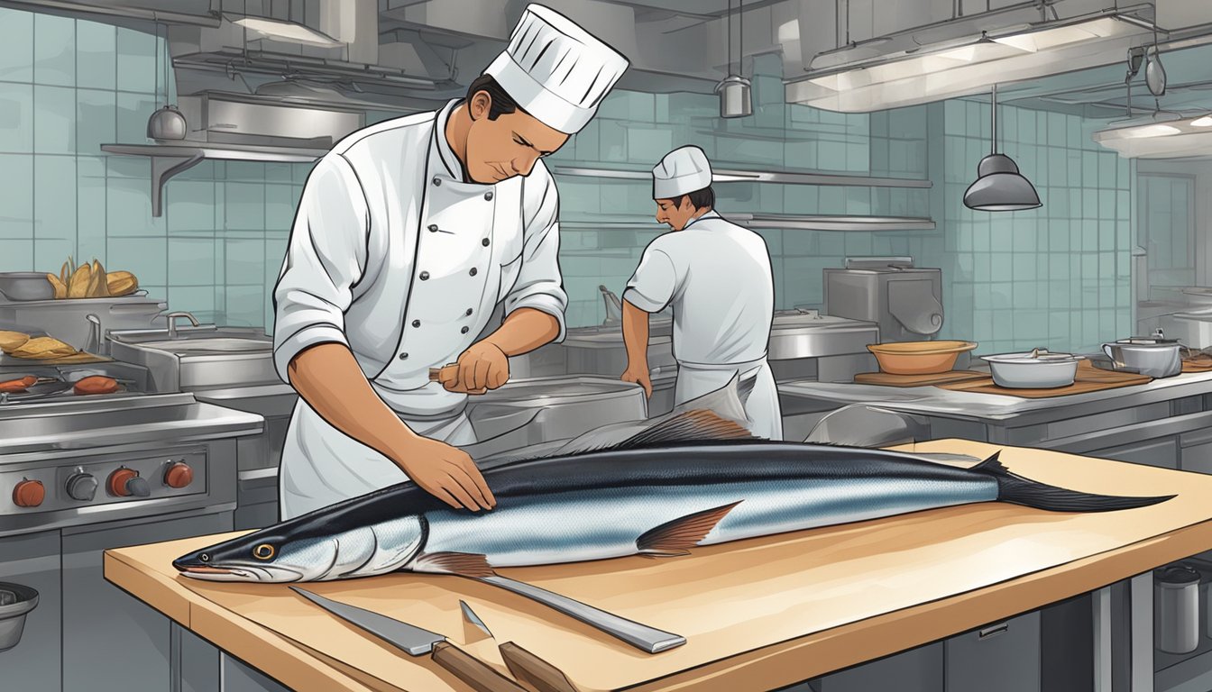 A chef selecting and filleting a fresh cobia fish for cooking