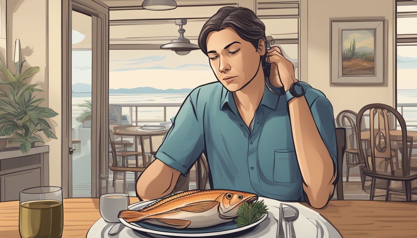 A diabetic person sitting at a dining table, looking at a plate of cooked cobia fish with a concerned expression