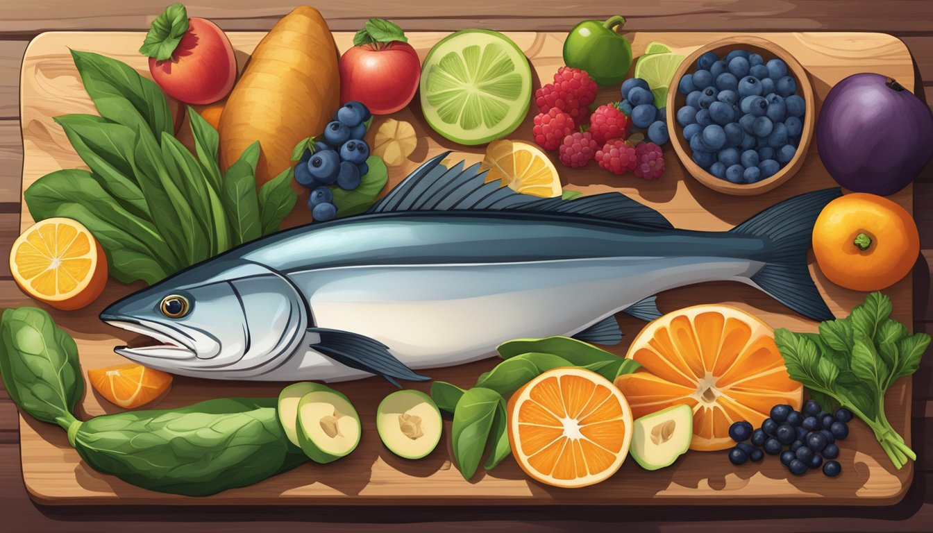 A cobia fish surrounded by a variety of colorful fruits and vegetables, such as spinach, berries, and sweet potatoes, arranged on a wooden cutting board