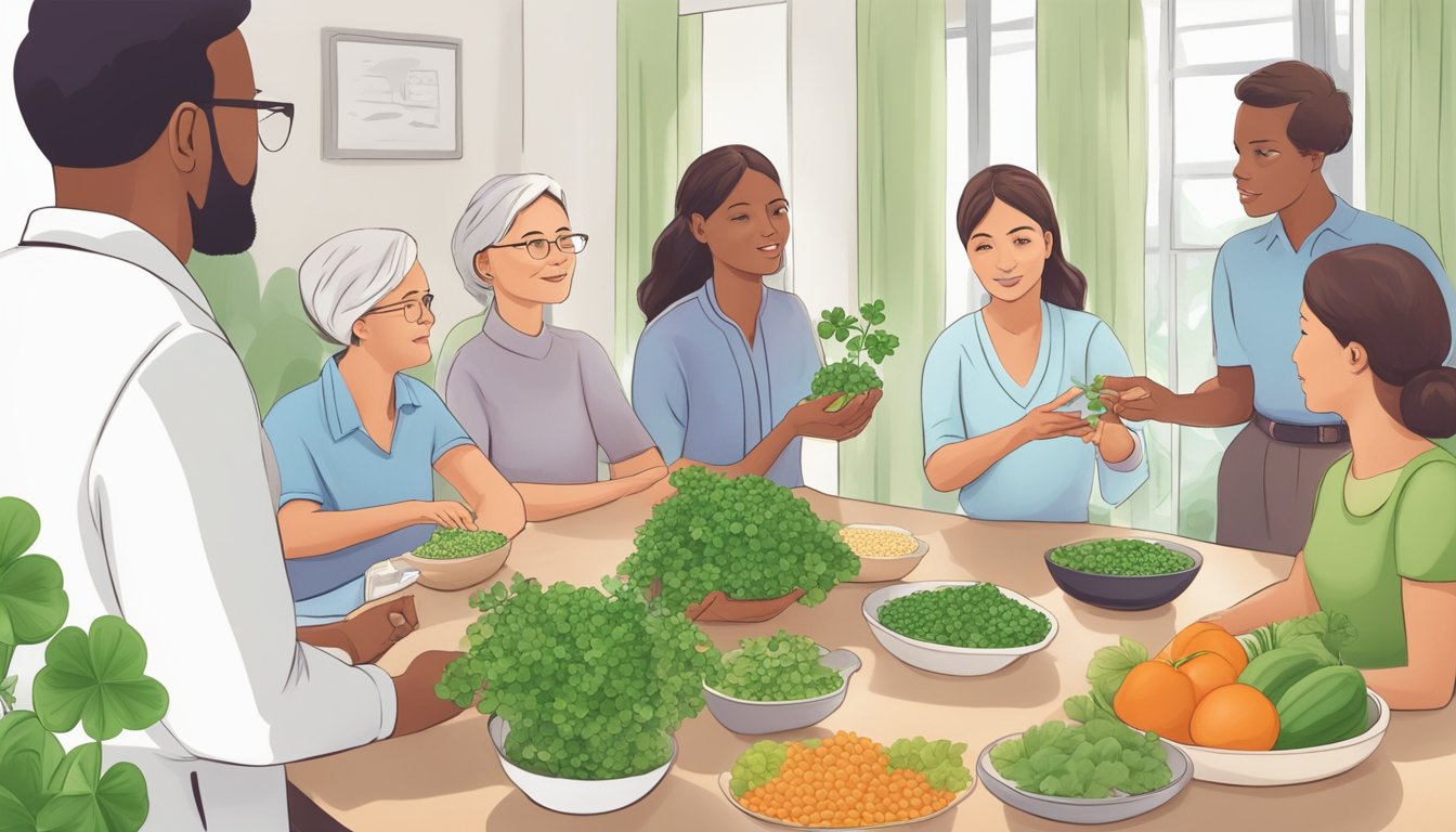 A dietician explaining diabetes and dietary concerns to a group of people, with a focus on a clover plant and its nutritional value