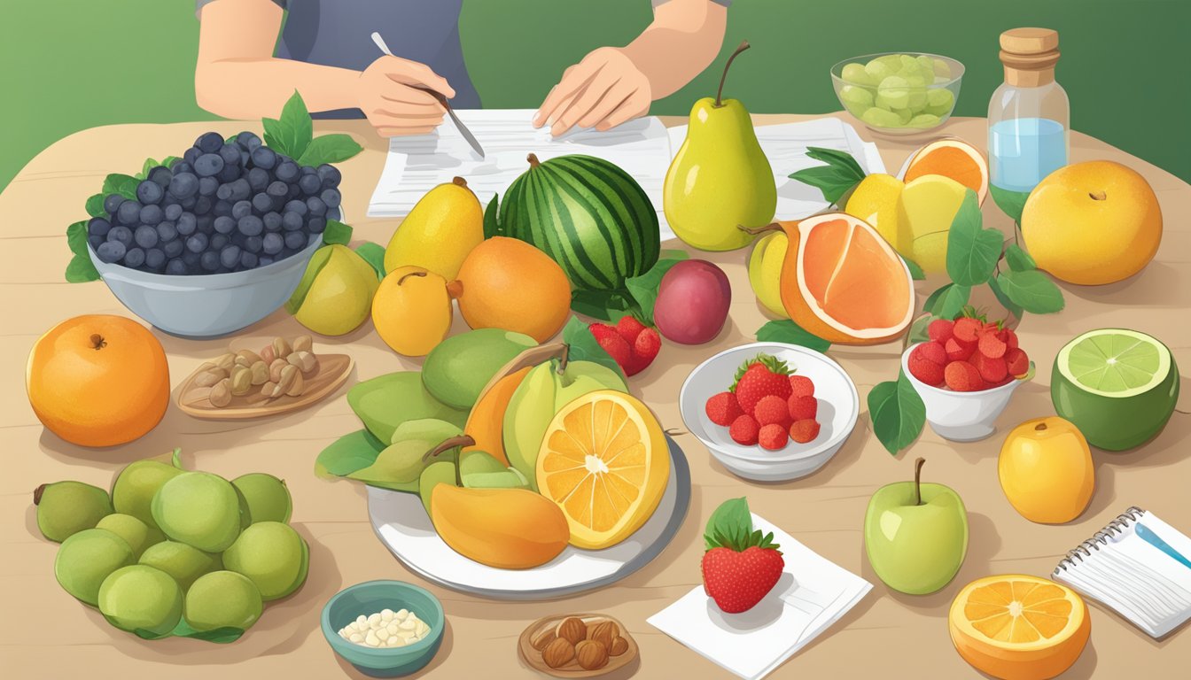 A table with various fruits, including cempedak, with a nutritionist analyzing their properties for diabetes