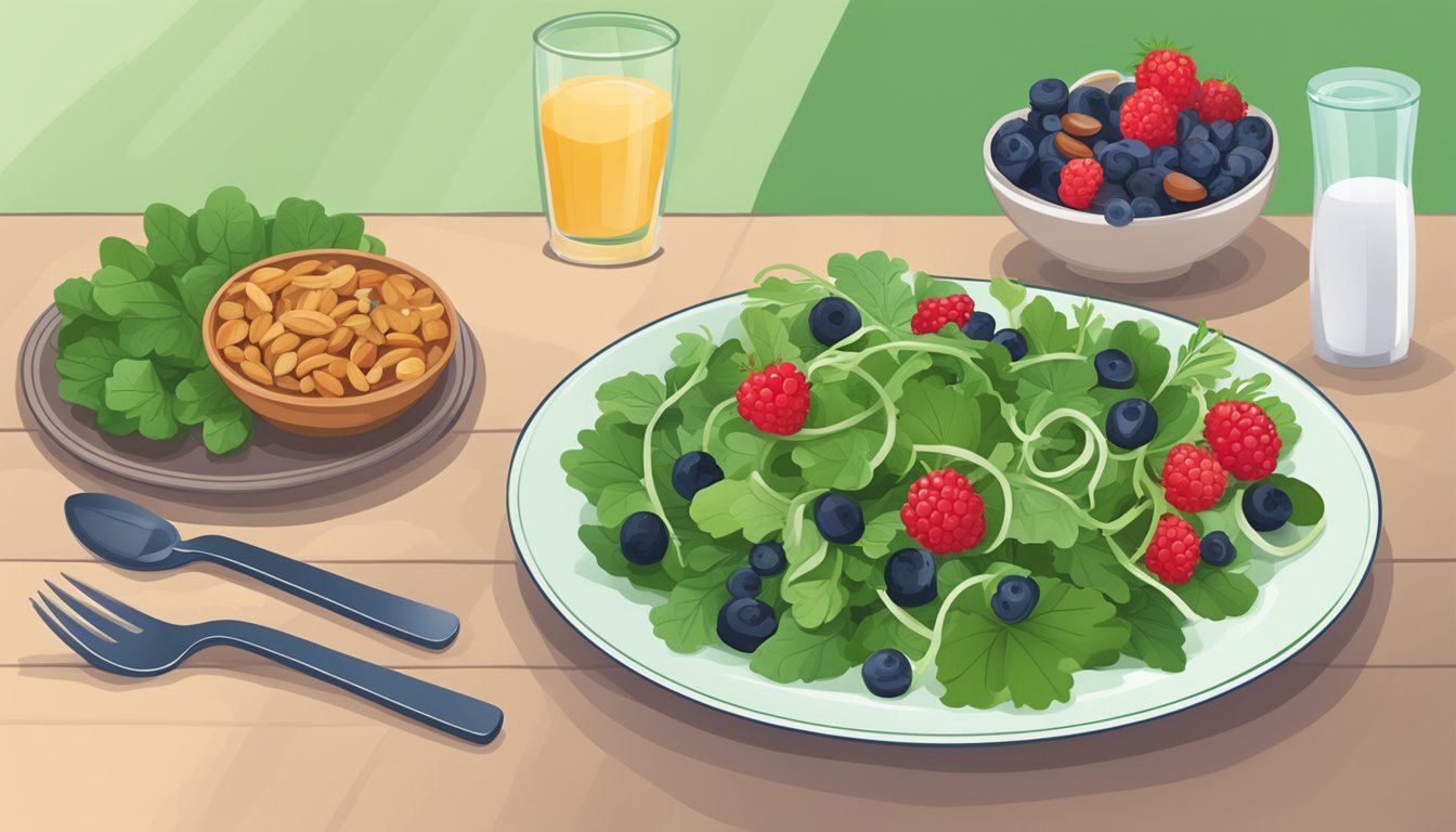 A plate of mixed greens with clover leaves, nuts, and berries, next to a diabetic-friendly meal