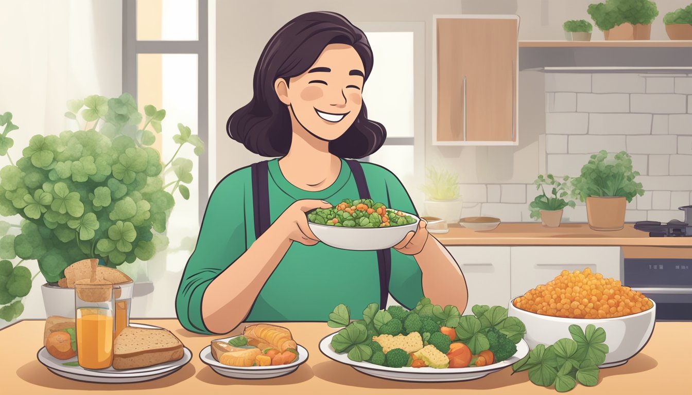 A diabetic person happily consuming a meal with a variety of carbohydrate-rich foods, including clover, while using Clover's carbohydrate management tools