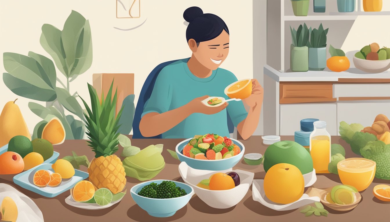 A person with diabetes enjoying a balanced meal with cempedak fruit alongside other healthy food options