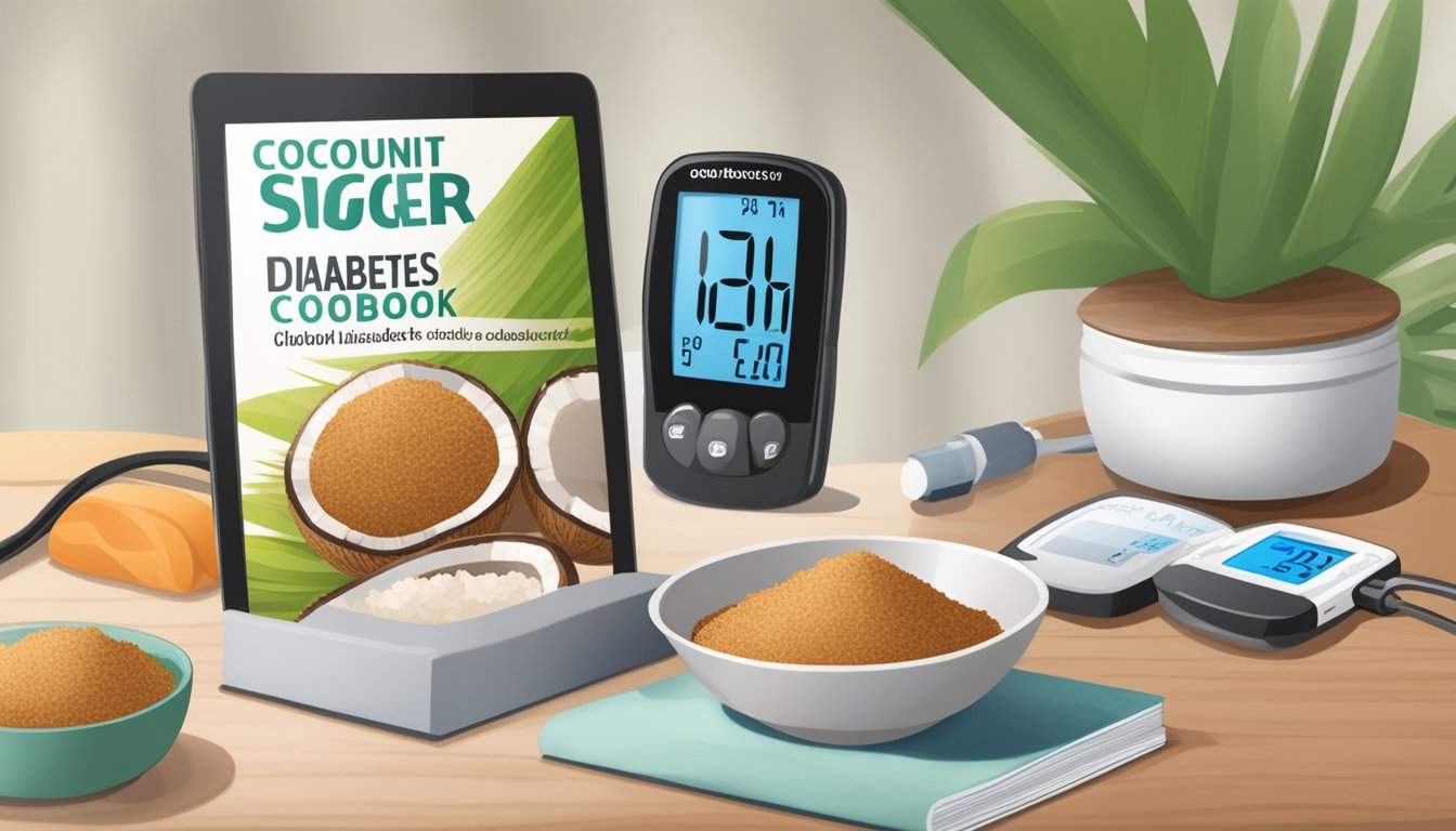 A bowl of coconut sugar next to a diabetes-friendly cookbook, with a blood glucose monitor in the background