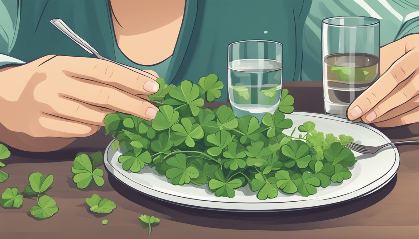 A diabetic person enjoying a meal of clover leaves and flowers, with a plate of fresh greens and a glass of water nearby