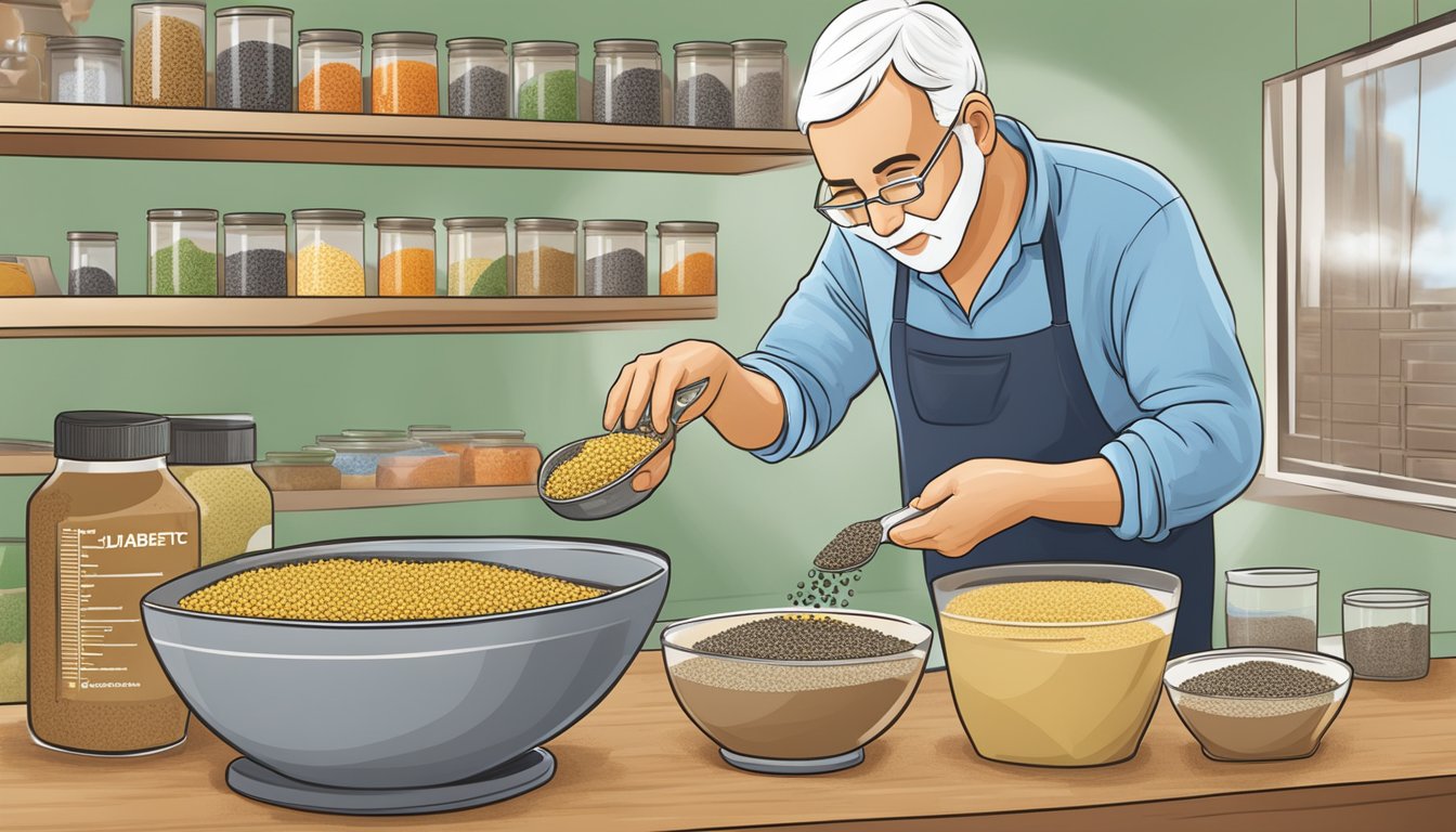 A diabetic person pouring chia seeds into a bowl, with a nutritional chart and caution sign in the background