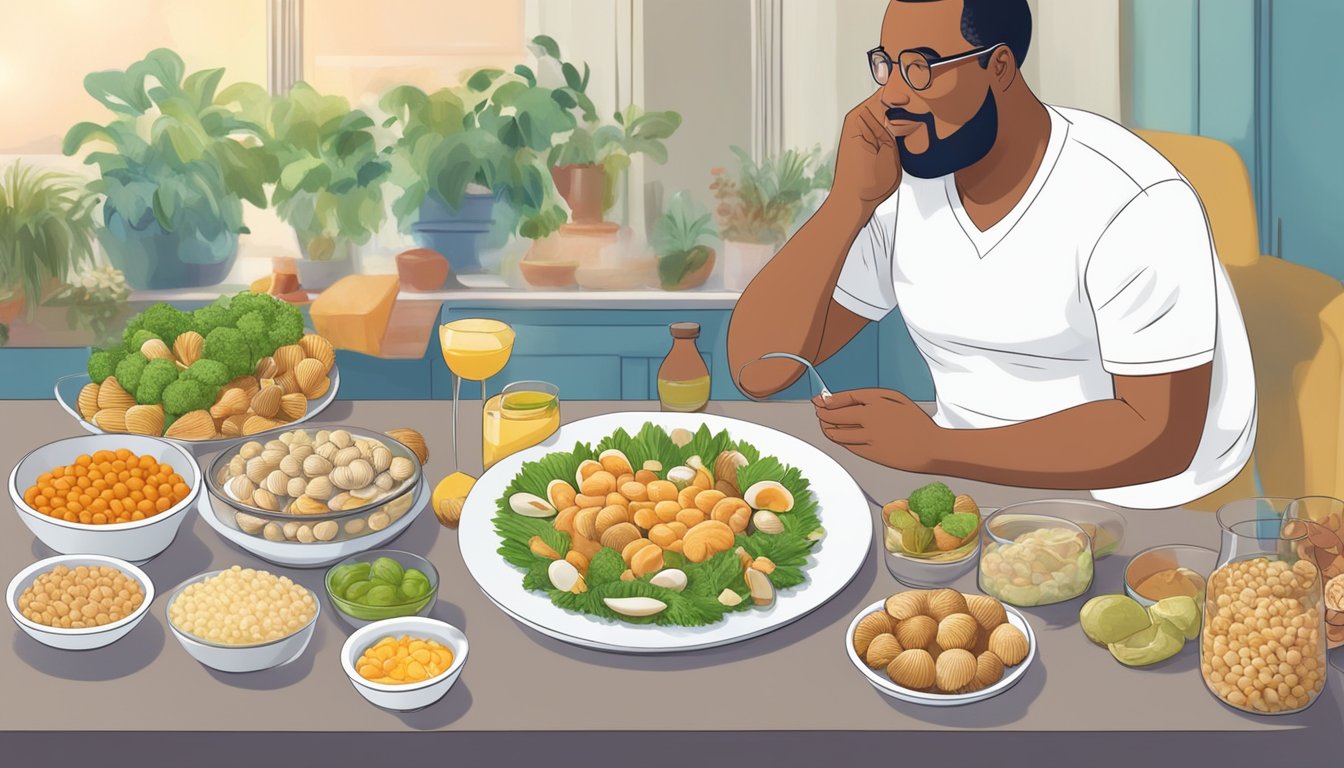 A person with diabetes enjoying a plate of cockles alongside a variety of other diabetic-friendly foods