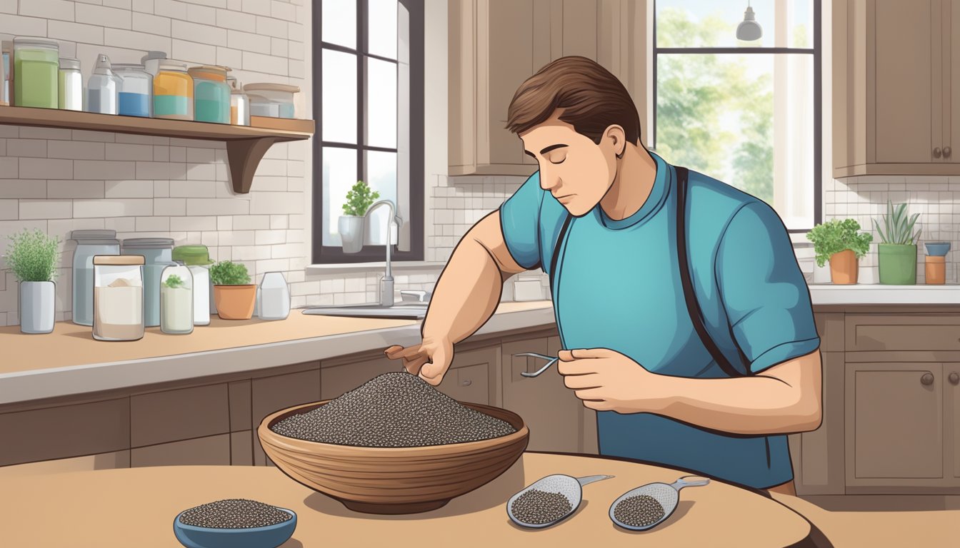 A diabetic person carefully measuring chia seeds with a warning sign for possible side effects in the background